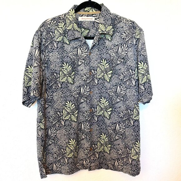 Tommy Bahama silk Hawaiian camp shirt SZ M - black gray and light green subtle - Picture 1 of 5
